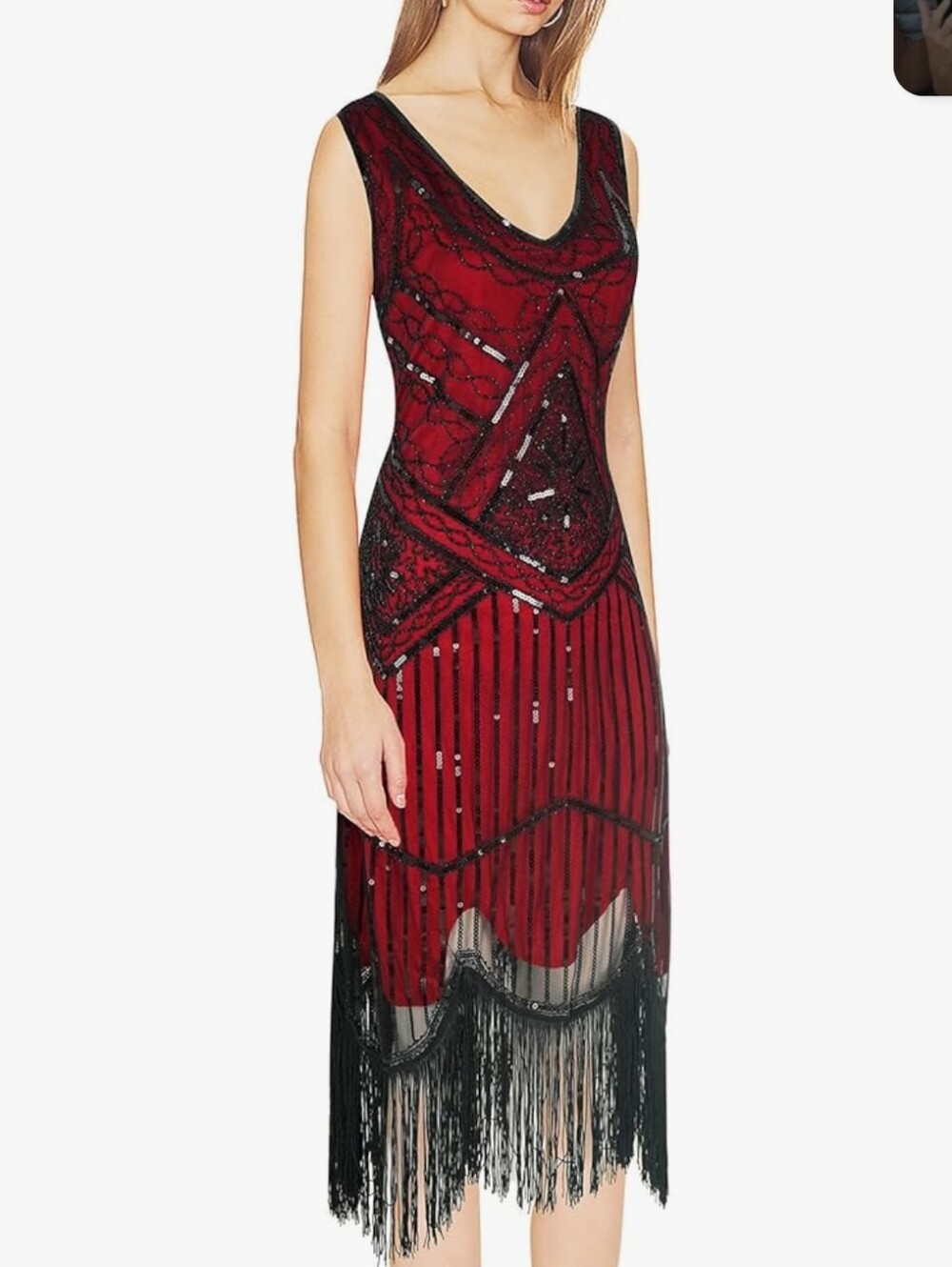ROROX Beaded Red and Black Flapper Fringe Dress Size XL